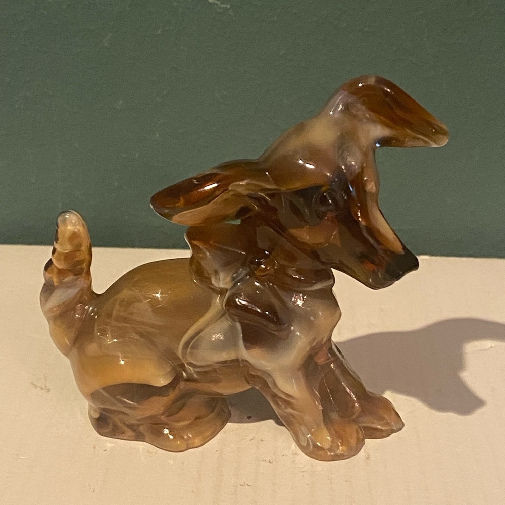 Heisey Imperial Ohio? Carmel Parlour Pup Terrier Tail Up Bow Slag Glass Dog